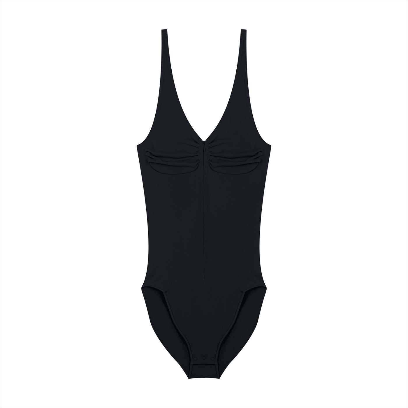 Anointed Garments black sleeveless V-neck bodysuit with ruched bust detail and adjustable straps in soft-stretch fabric.