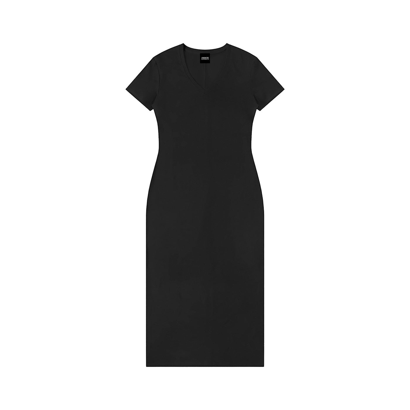 Anointed Garments black bodycon maxi dress with short sleeves and a V-neck, made from a soft viscose-spandex blend.