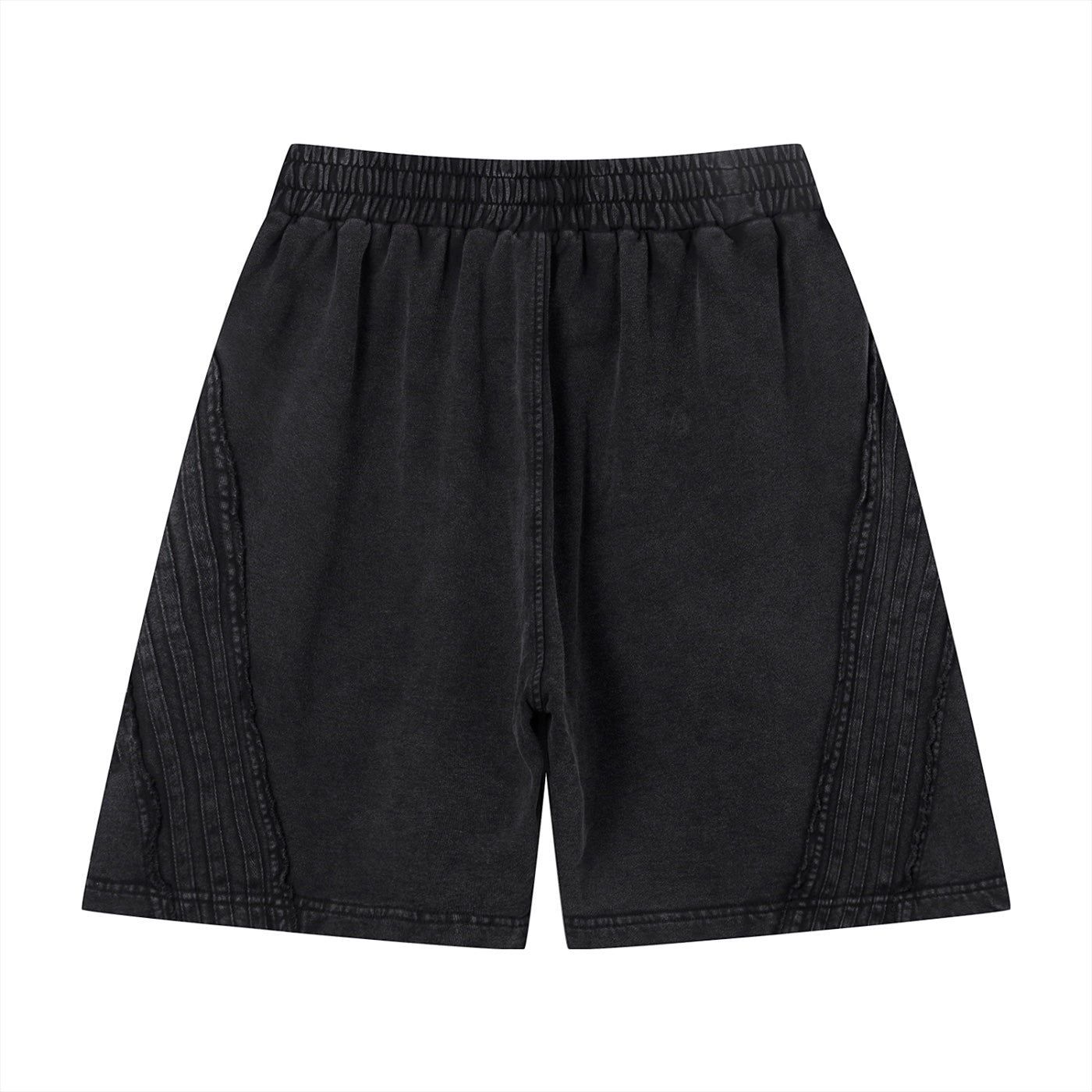 Anointed Garments unisex black vintage wash cotton shorts with elastic waist and raw edge detailing.