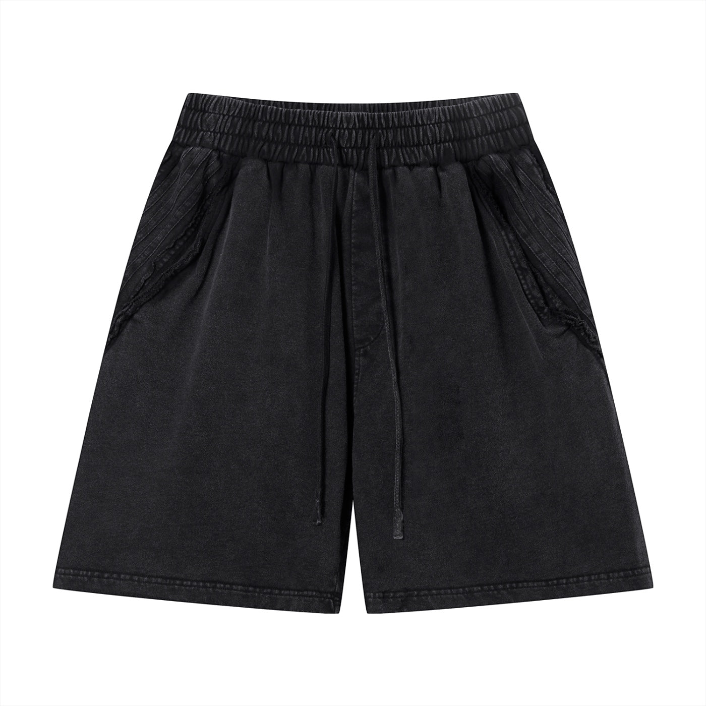 Anointed Garments unisex black vintage wash cotton shorts with elastic drawstring waist and raw edge detailing.