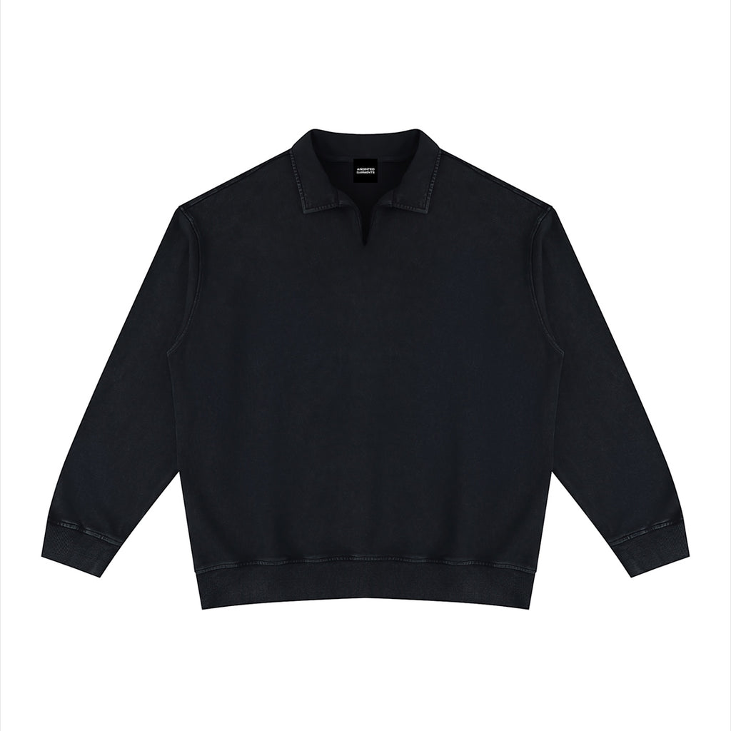 Anointed Garments unisex vintage wash black cotton sweatshirt with a collared neckline and drop shoulder design.