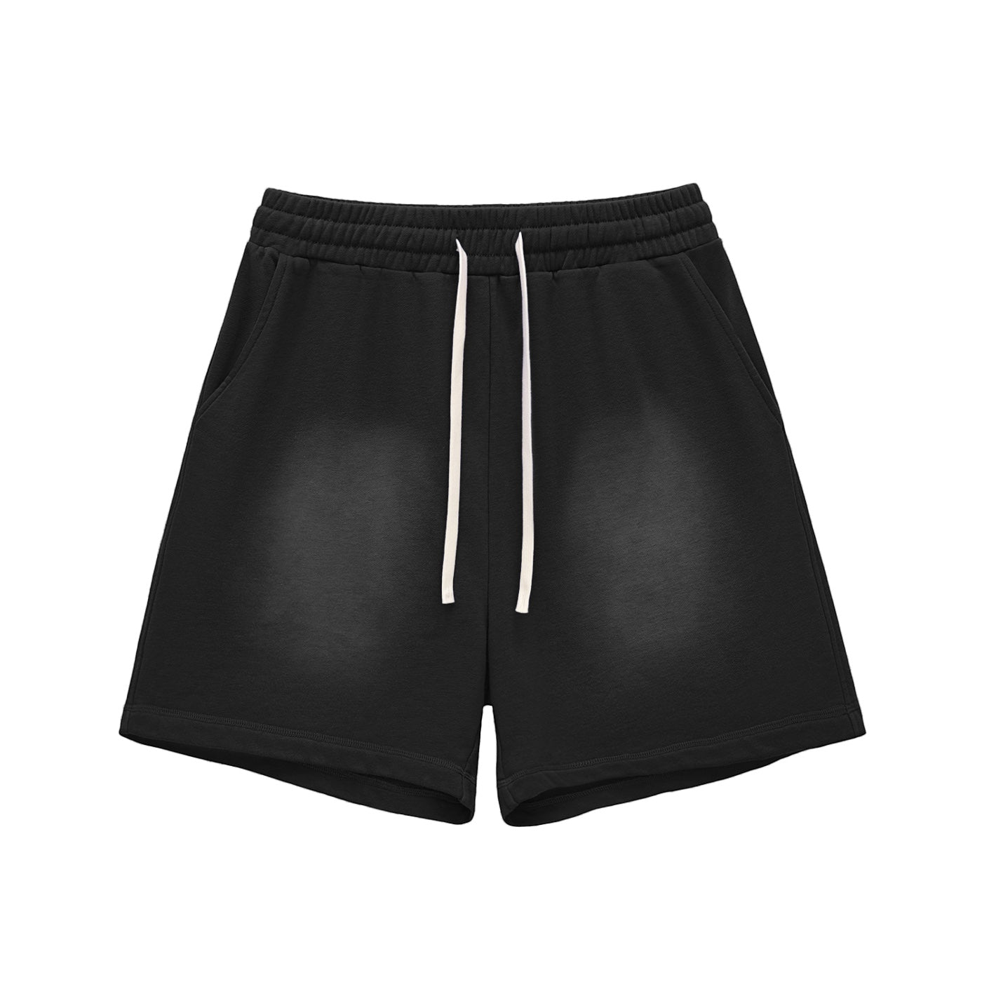 Anointed Garments black lounge shorts with a washed aesthetic, elastic drawstring waistband, and side pockets.