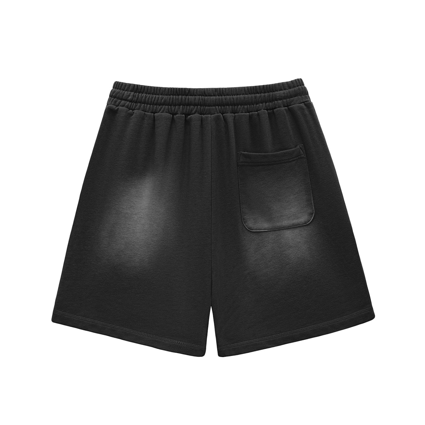 Anointed Garments black lounge shorts with a washed aesthetic, elastic drawstring waistband, and a back pocket.