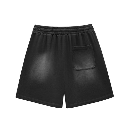 Anointed Garments black lounge shorts with a washed aesthetic, elastic drawstring waistband, and a back pocket.
