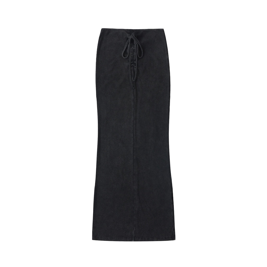 Anointed Garments black washed cotton blend maxi skirt with a drawstring waist and bodycon fit.