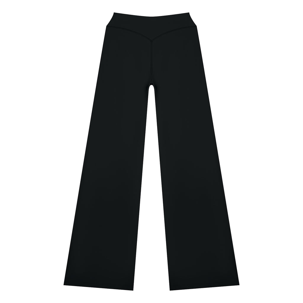 Anointed Garments high-waisted black wide-leg lounge pants made from soft nylon-spandex blend fabric.
