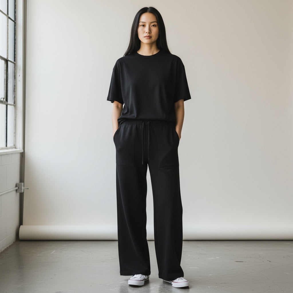 A model wearing Anointed Garments black wide-leg lounge pants with a matching t-shirt and white sneakers.