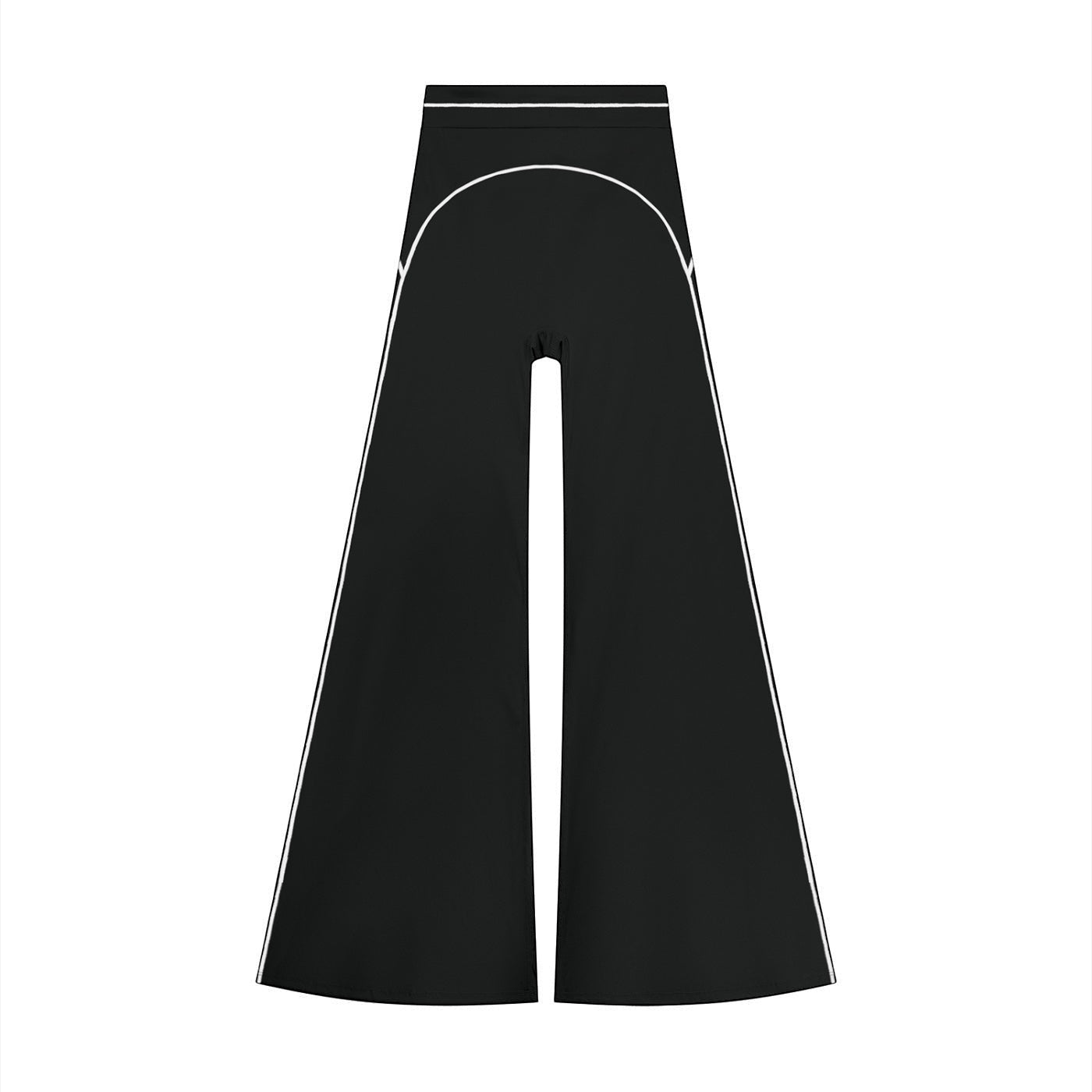 Anointed Garments high-waisted black wide-leg trousers featuring white contrast piping and a structured silhouette.