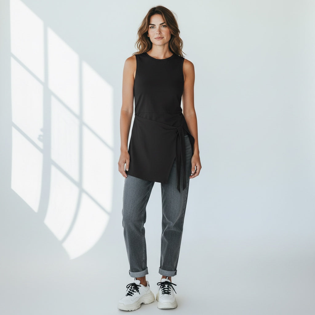 Anointed Garments sleeveless black wrap-front tank top with side-tie detail worn by a woman with grey jeans and sneakers.