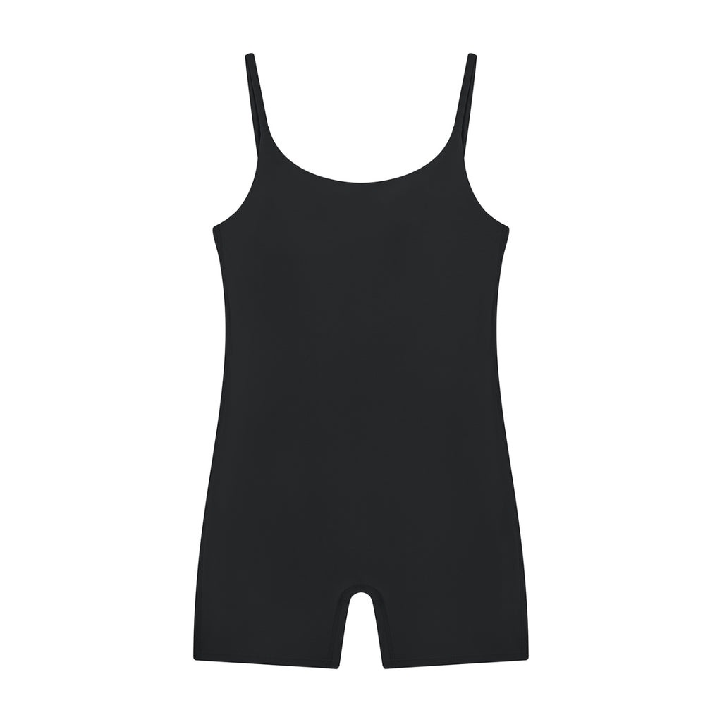 Anointed Garments black sleeveless U-neck yoga romper made from a stretchy nylon-elastane blend for gym and daily wear.