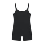 Anointed Garments black sleeveless U-neck yoga romper made from a stretchy nylon-elastane blend for gym and daily wear.