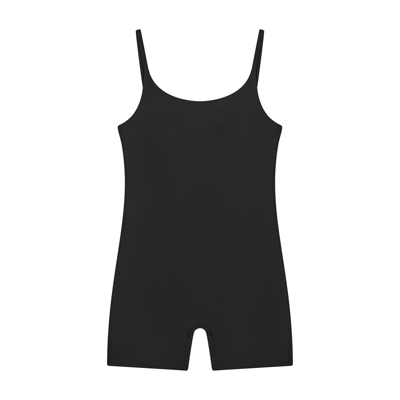 Anointed Garments black sleeveless U-neck yoga romper made from a stretchy nylon-elastane blend for gym and daily wear.