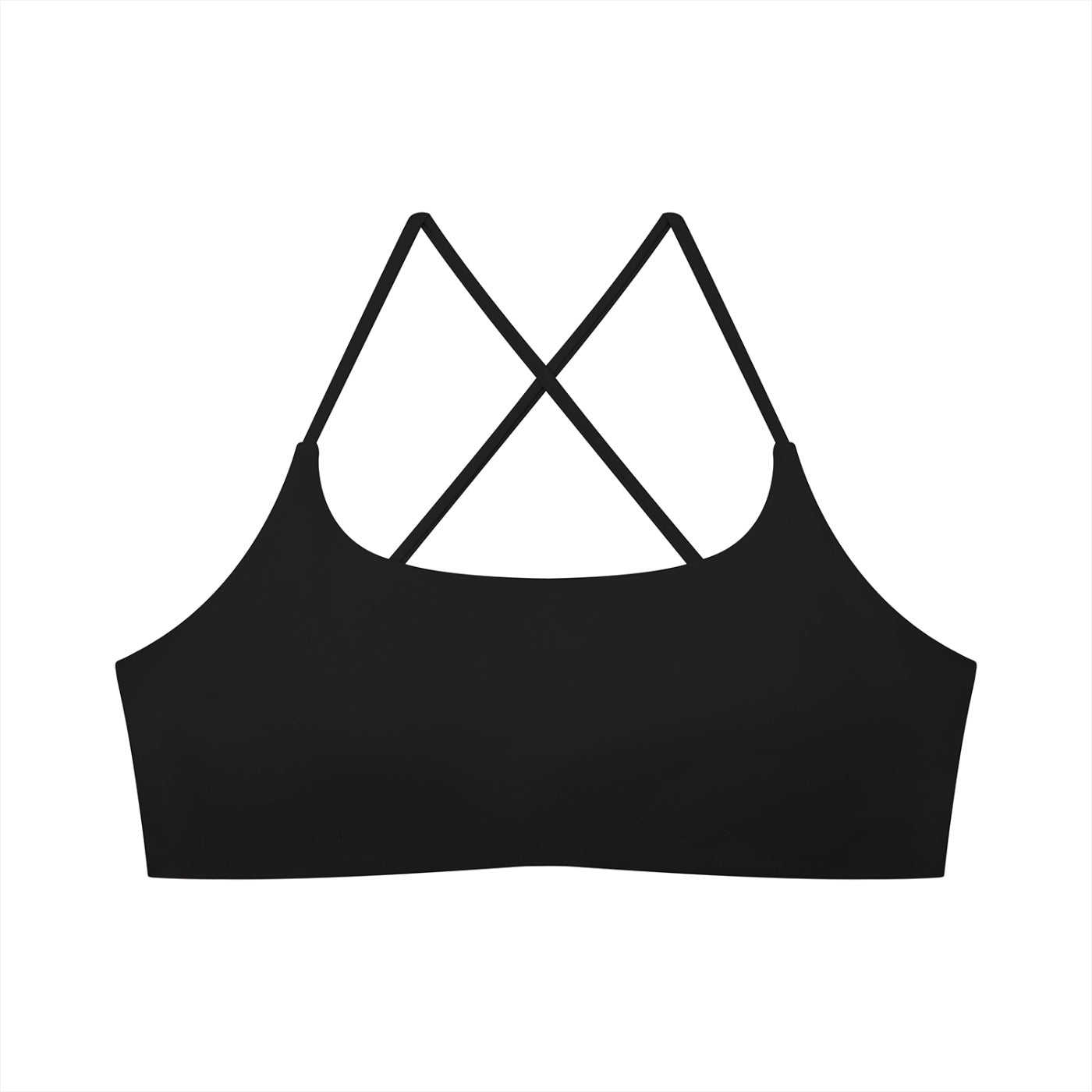 Anointed Garments black U-neck sports bra with thin crisscross straps, made from nylon and spandex blend.