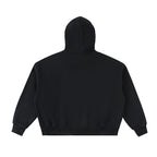 Back view of a black Anointed Garments heavyweight full zip hoodie with a relaxed fit and ribbed hem.