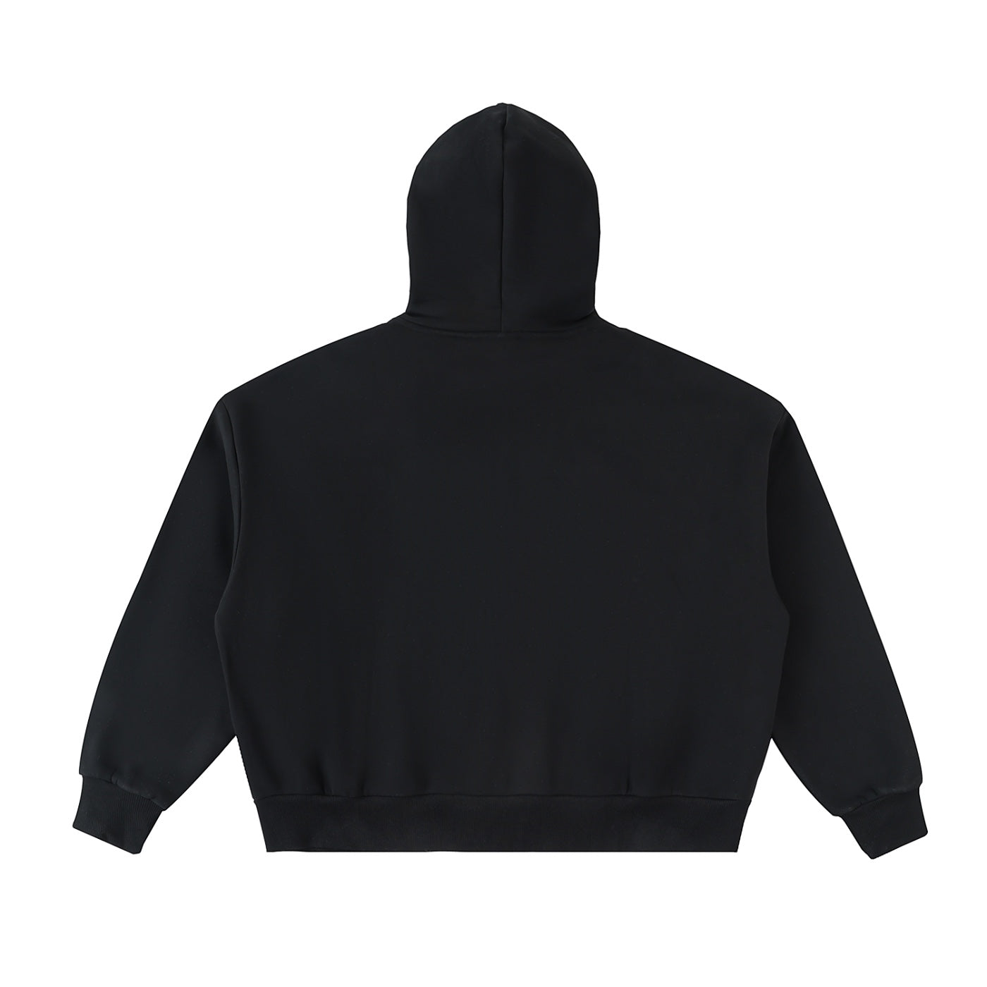 Back view of a black Anointed Garments heavyweight full zip hoodie with a relaxed fit and ribbed hem.