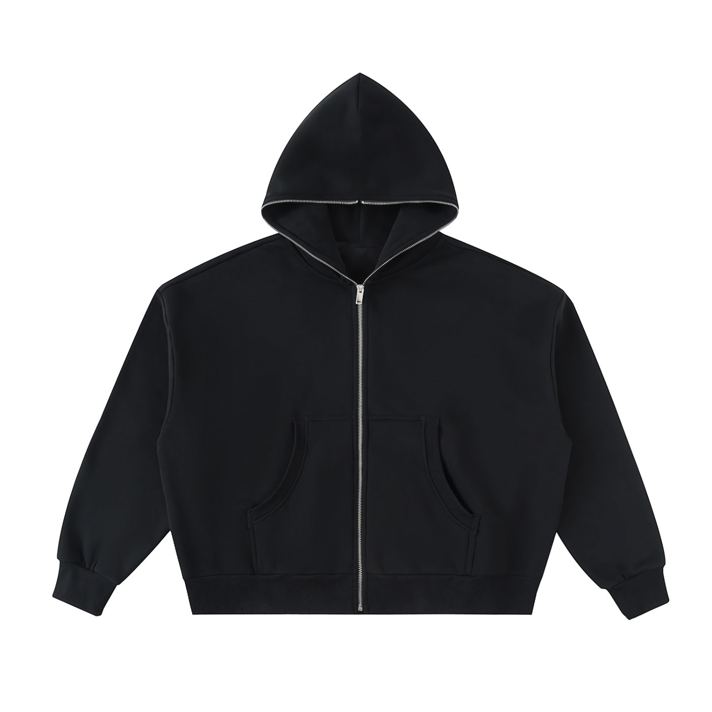 Anointed Garments black heavyweight full zip-up hoodie with a relaxed fit, drop shoulders, and metal zipper.