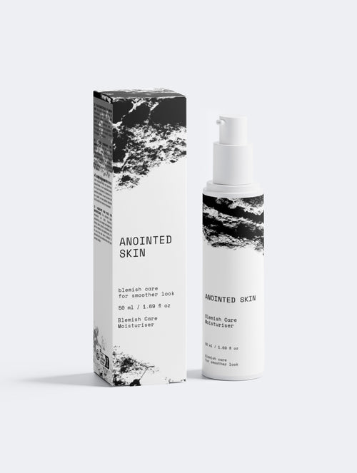 Anointed Garments ANOINTED SKIN blemish care moisturiser bottle and box with white and black abstract design