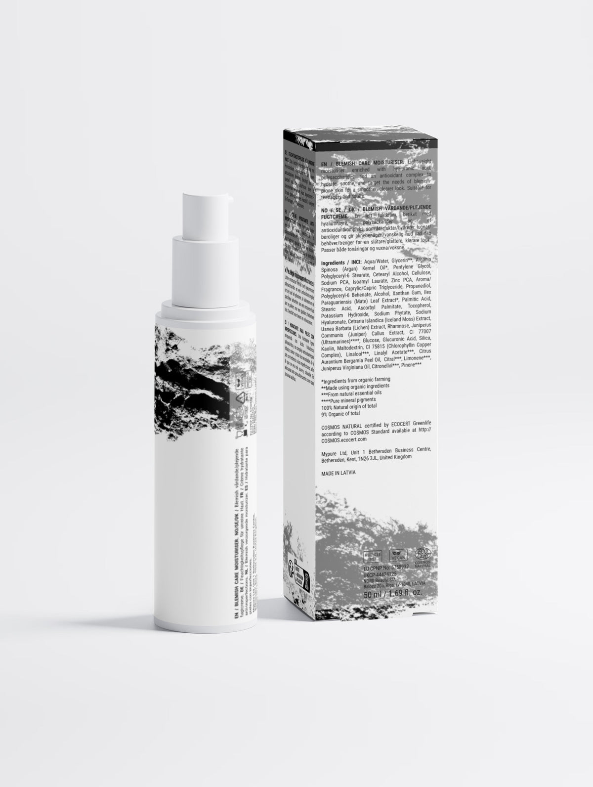 Anointed Garments Blemish Care Hydrating Moisturizer bottle and white product box with botanical ingredients list.