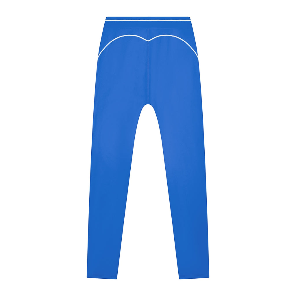 Anointed Garments blue high-waisted athletic leggings with white contrast piping and moisture-wicking fabric.