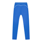 Anointed Garments blue high-waisted athletic leggings with white contrast piping and moisture-wicking fabric.
