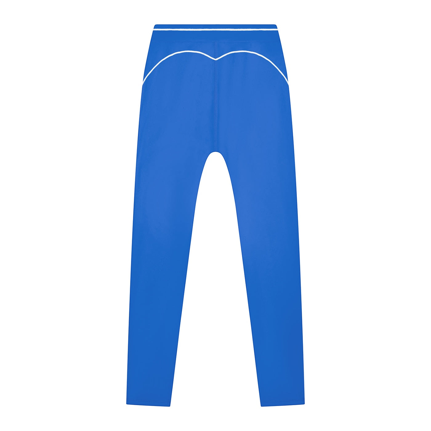 Anointed Garments blue high-waisted athletic leggings with white contrast piping and moisture-wicking fabric.