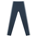 Anointed Garments high-waisted athletic leggings in dark blue with white side-stripe detailing and moisture-wicking fabric.