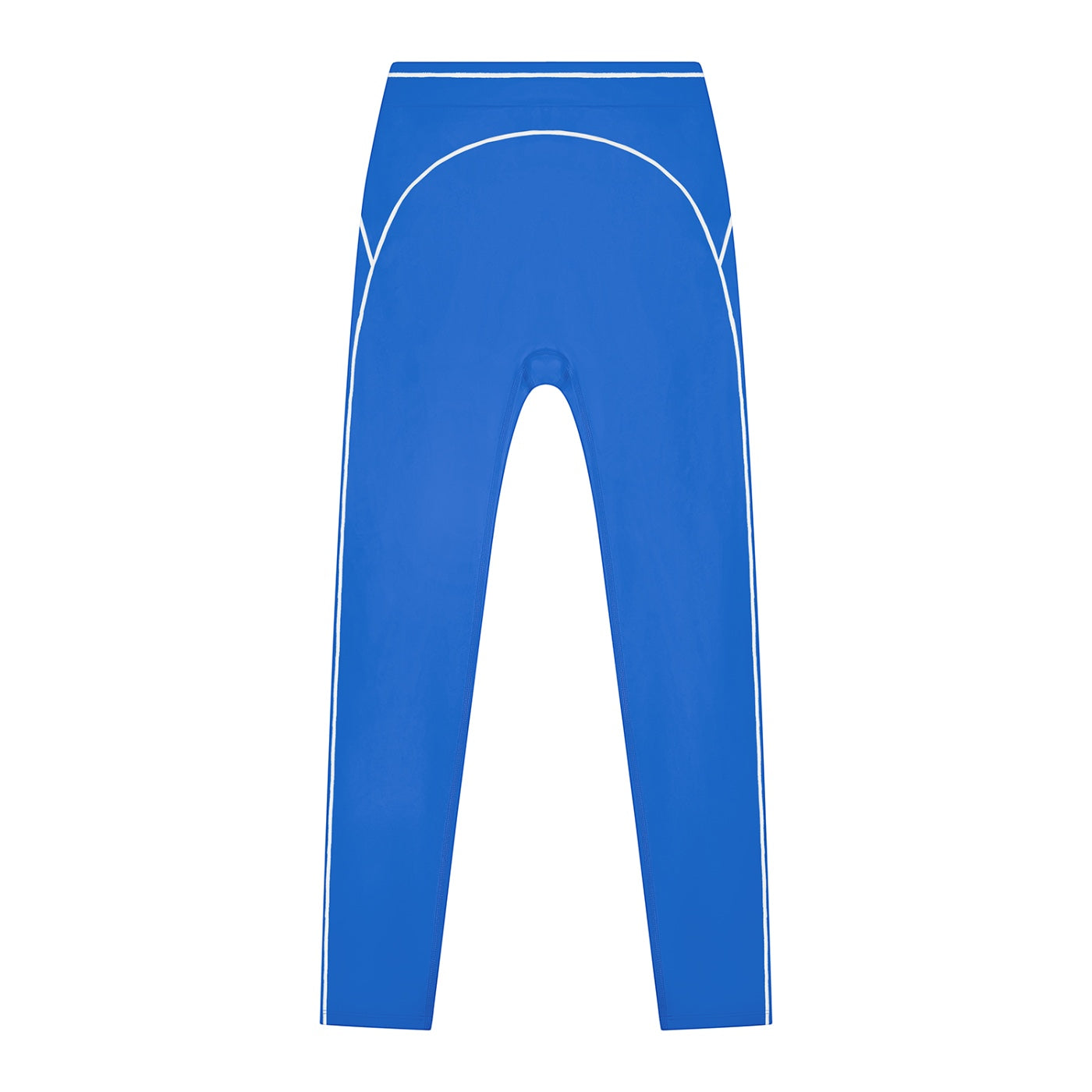 Anointed Garments blue high-waisted performance athletic leggings with white contrast piping details