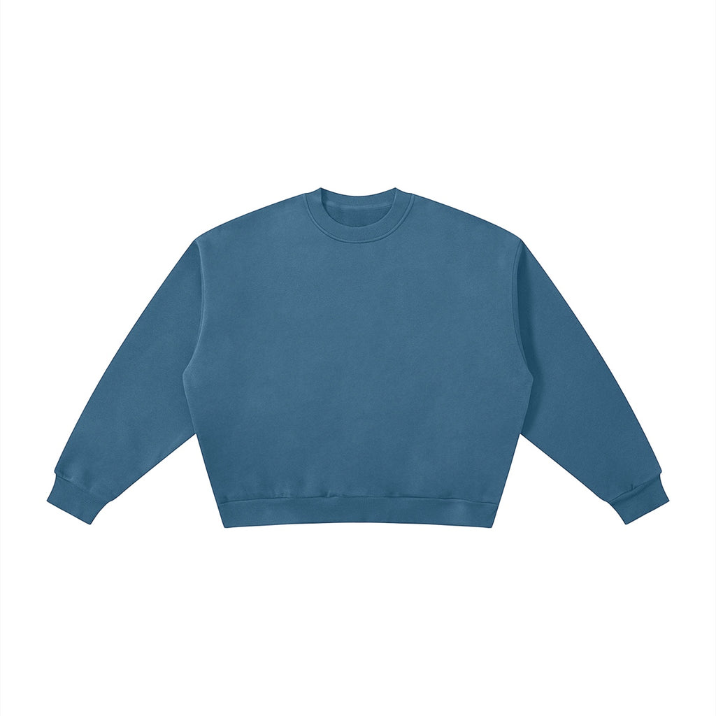 Anointed Garments blue boxy fleece crewneck sweatshirt with drop shoulders and a thick cotton blend fabric.