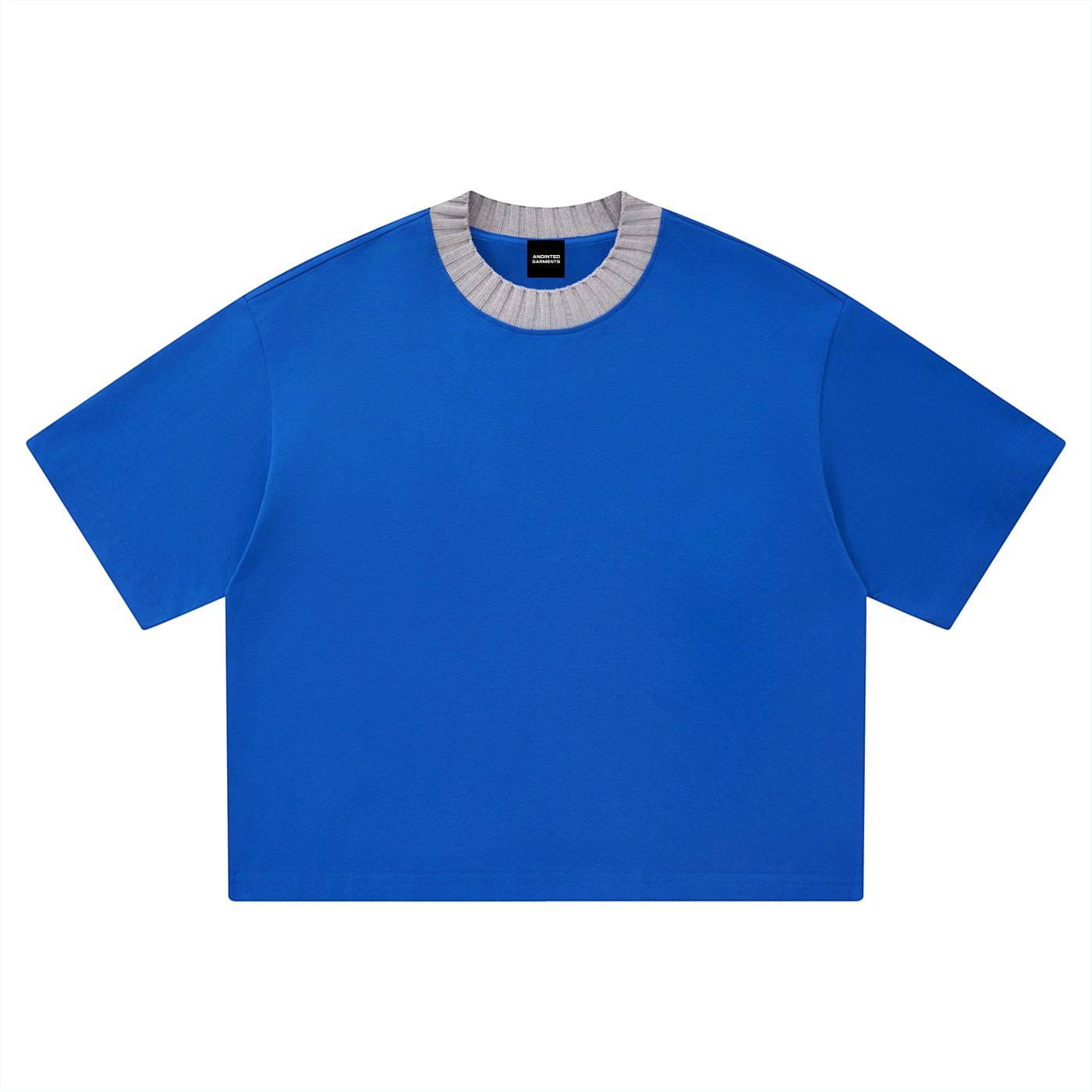 Anointed Garments unisex heavyweight blue cotton boxy t-shirt with a grey ribbed crew neck and drop shoulders.