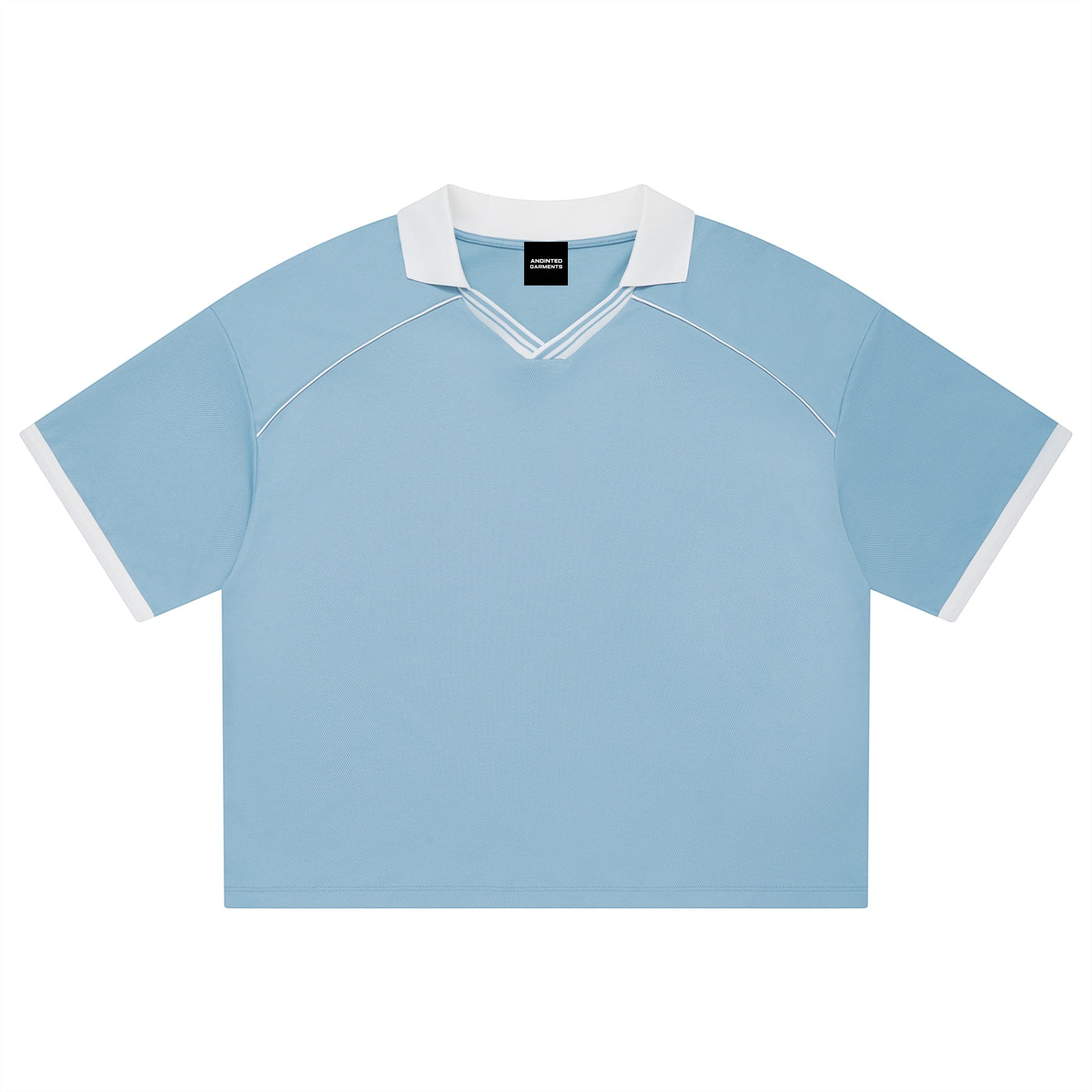 Anointed Garments light blue short sleeve collared shirt with white trim and a V-neck design in a relaxed fit.