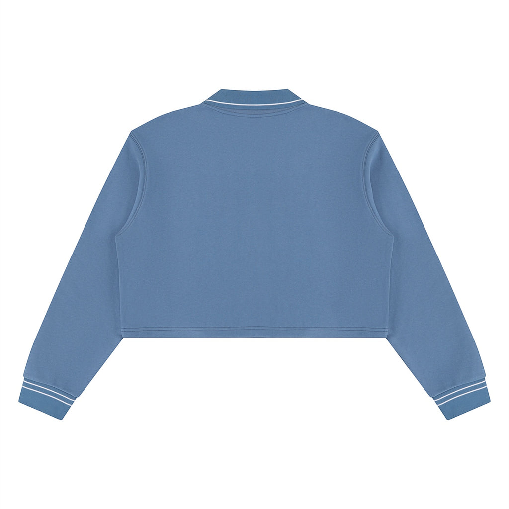 Back view of Anointed Garments blue cropped polo sweatshirt in 100% cotton with striped cuff detailing.