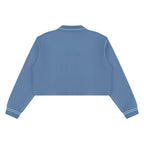 Back view of Anointed Garments blue cropped polo sweatshirt in 100% cotton with striped cuff detailing.