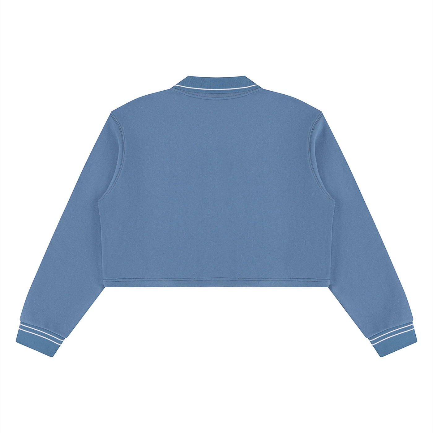 Back view of Anointed Garments blue cropped polo sweatshirt in 100% cotton with striped cuff detailing.