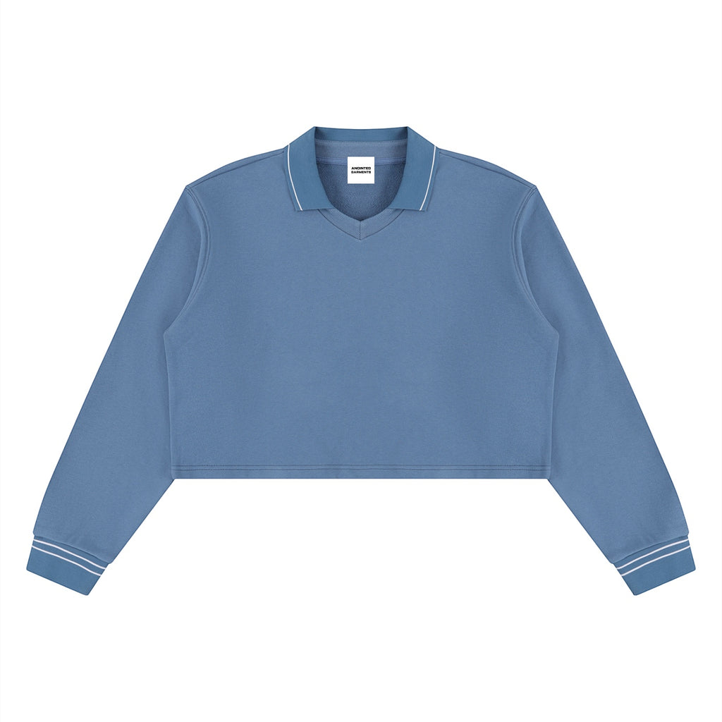 Anointed Garments blue cropped polo sweatshirt in 100% cotton with a lapel collar and striped cuff detailing.