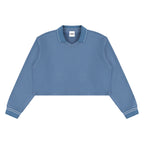 Anointed Garments blue cropped polo sweatshirt in 100% cotton with a lapel collar and striped cuff detailing.