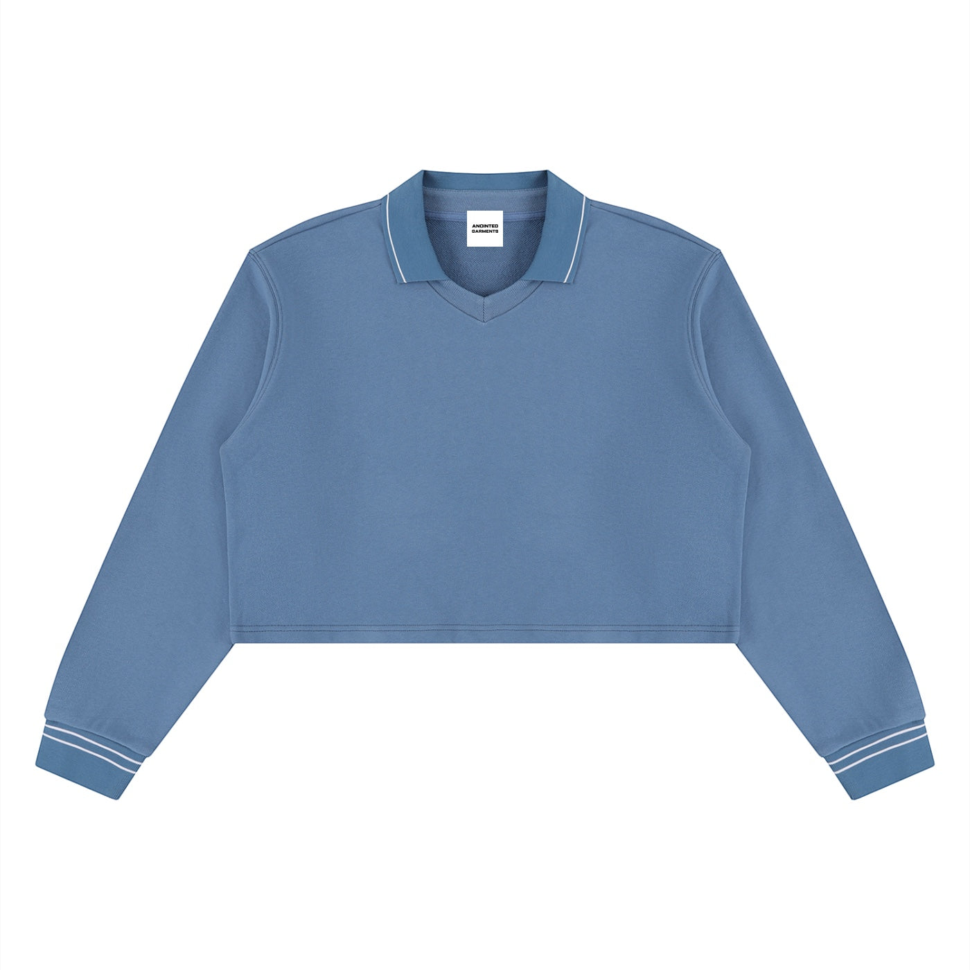 Anointed Garments blue cropped polo sweatshirt in 100% cotton with a lapel collar and striped cuff detailing.