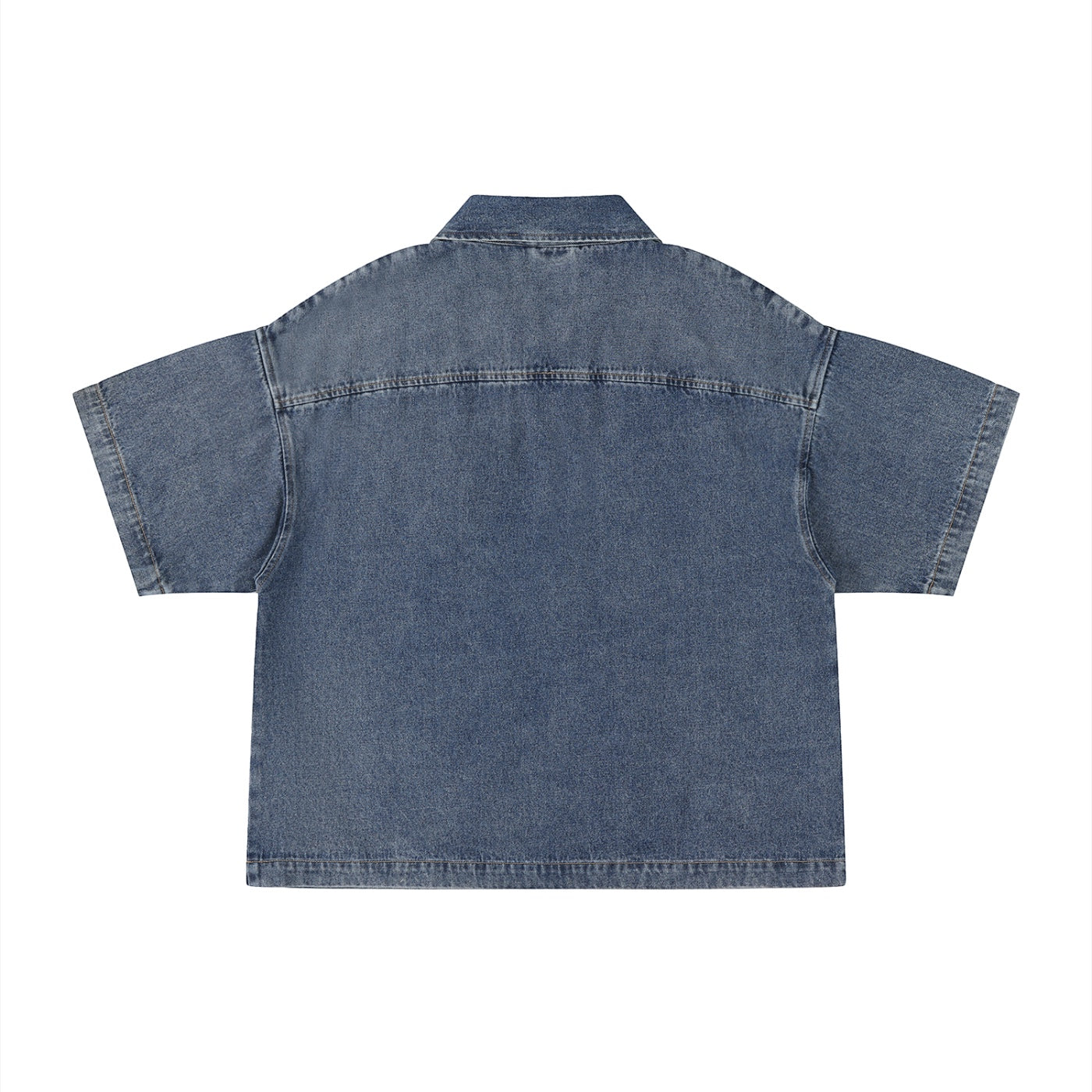 Back view of Anointed Garments short sleeve denim shirt in blue with a relaxed, boxy fit and classic collar.