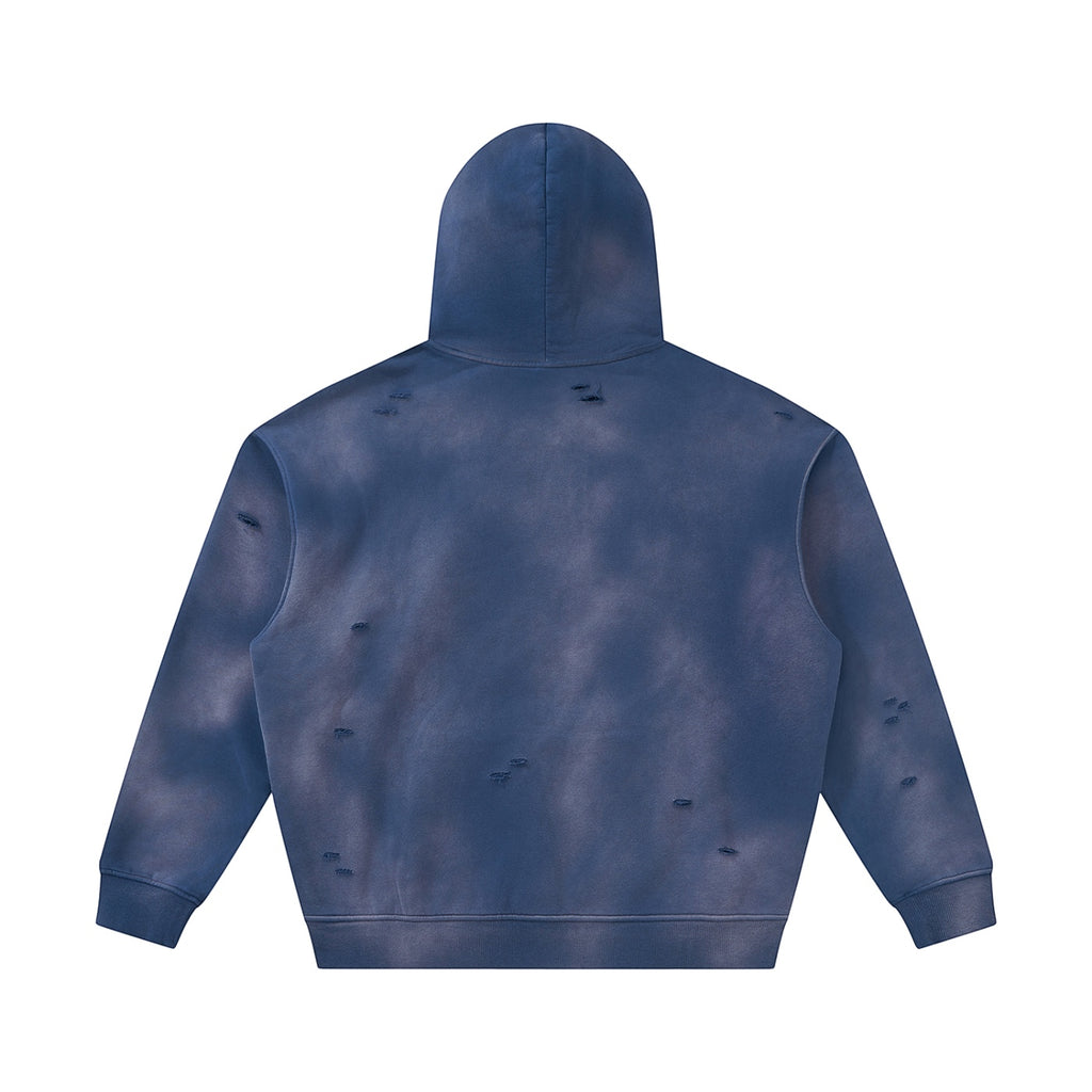 Back view of an Anointed Garments blue distressed pullover hoodie with a vintage washed finish and raw edge details.