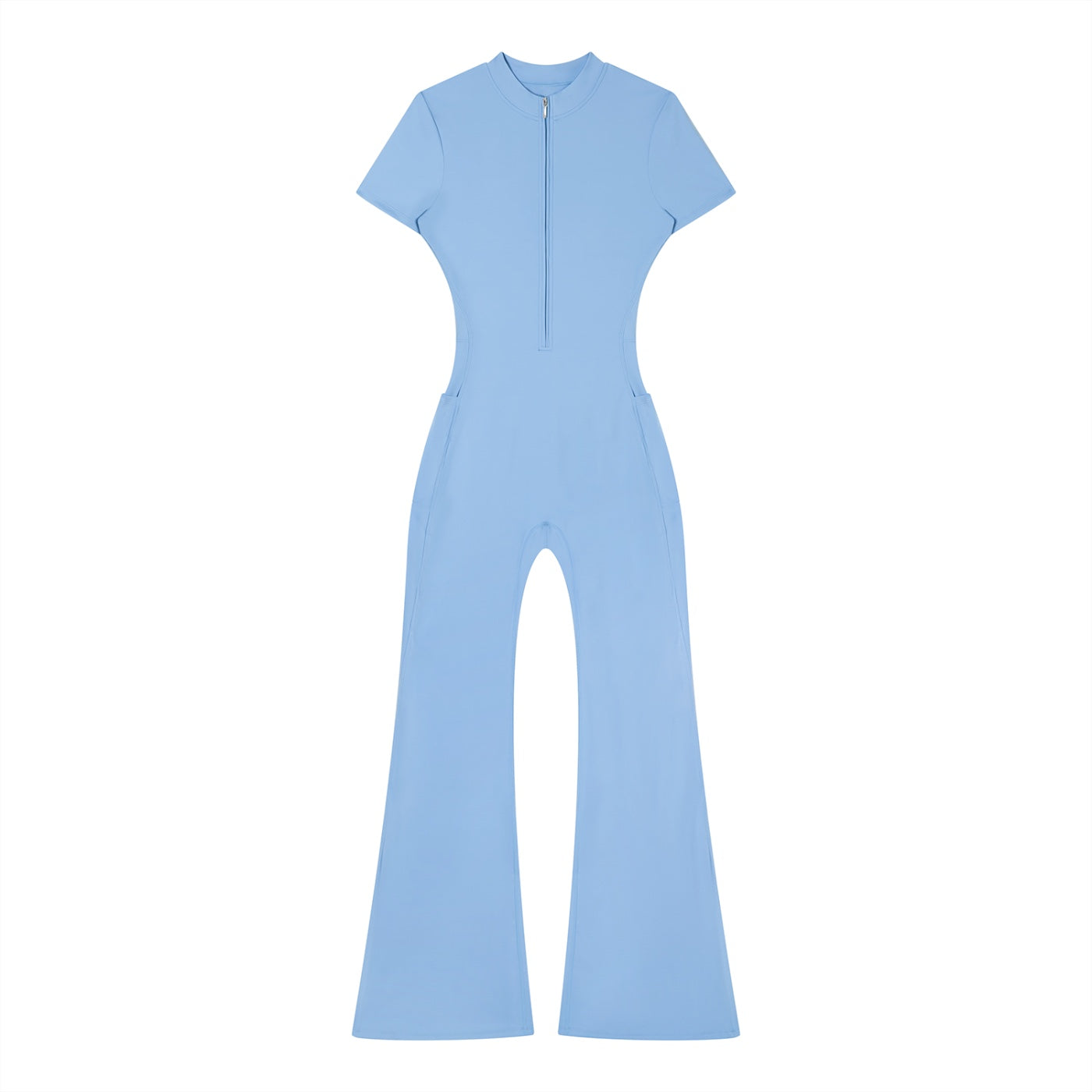 Anointed Garments light blue short sleeve jumpsuit with a front zipper, mock neck, and flared legs in stretch fabric.