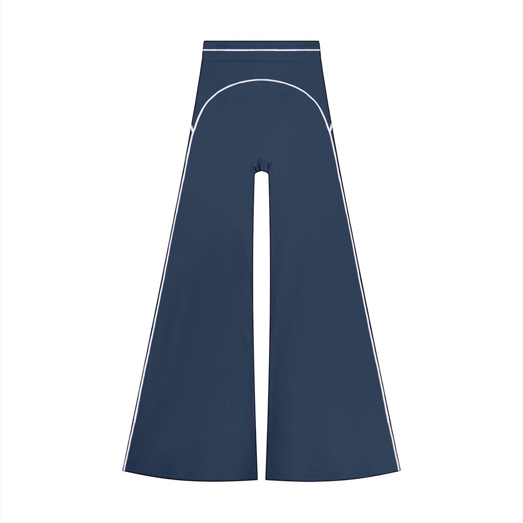 Anointed Garments high rise flared yoga pants in dark blue with white piping detail, made from stretchy polyamide blend.
