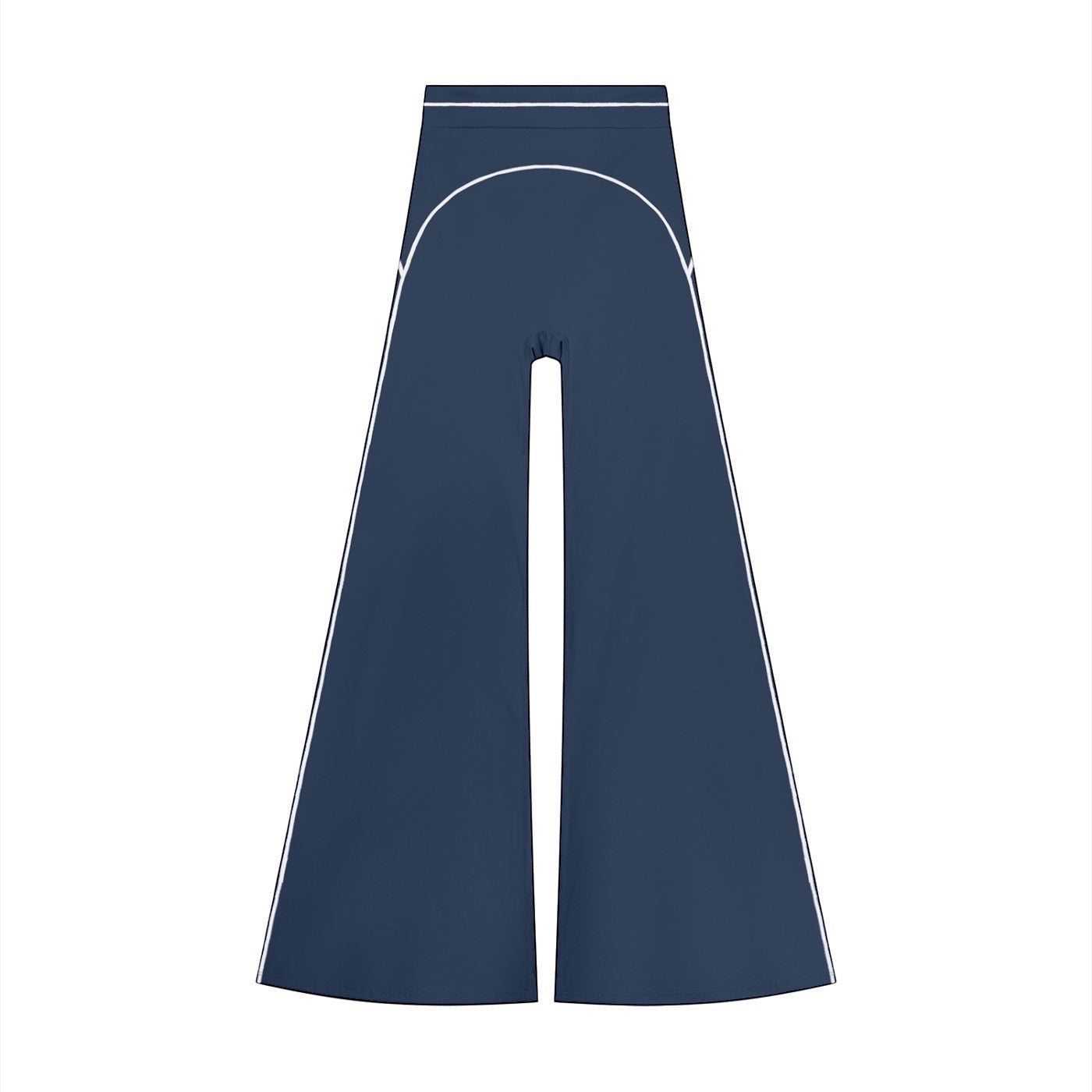 Anointed Garments high rise flared yoga pants in dark blue with white piping detail, made from stretchy polyamide blend.