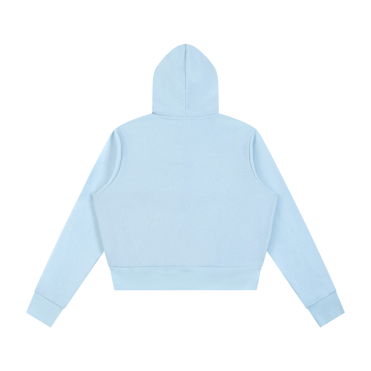 Back view of a light blue Anointed Garments fleece full zip hoodie with a cropped fit and ribbed cuffs.