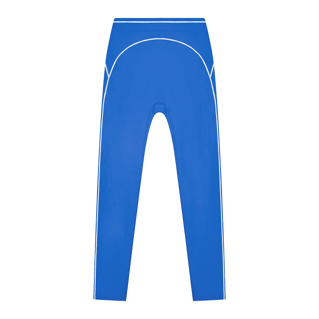 Anointed Garments women's high-rise blue leggings with white topstitching detail for gym and casual wear.
