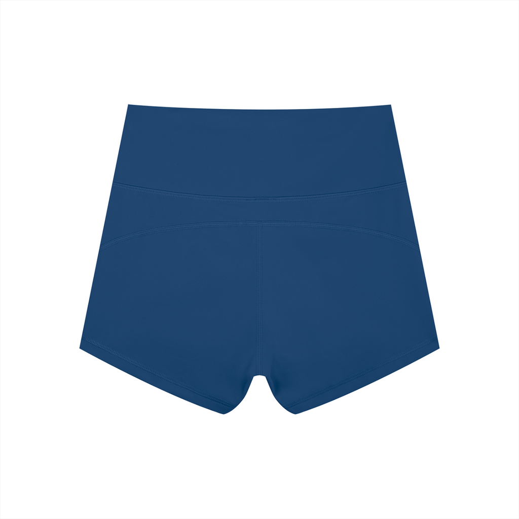 Anointed Garments blue high-waisted athletic yoga shorts with a supportive waistband and moisture-wicking fabric.