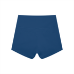 Anointed Garments blue high-waisted athletic yoga shorts with a supportive waistband and moisture-wicking fabric.