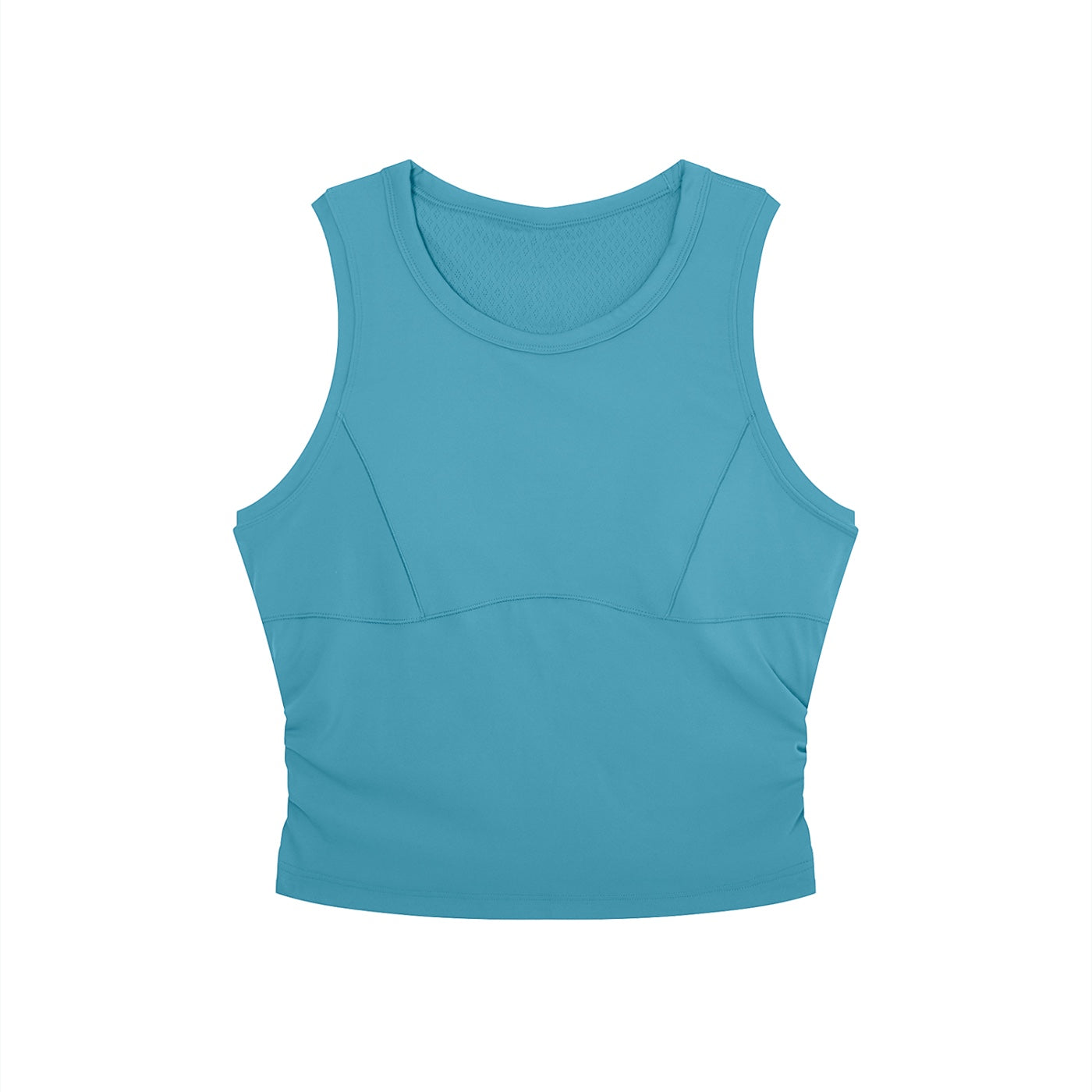 Anointed Garments blue sleeveless performance crop top with a round neck and moisture-wicking fabric for workouts.