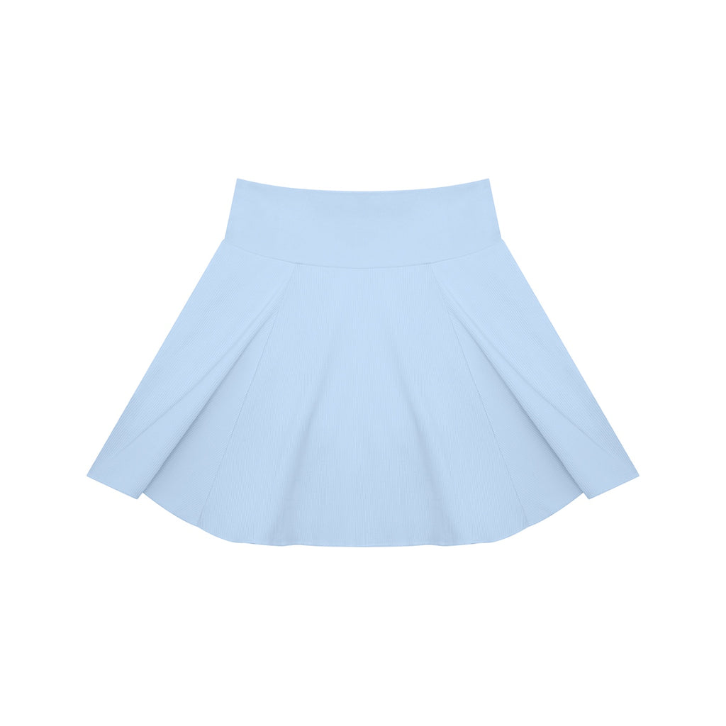 Anointed Garments light blue high-waisted pleated knit mini skirt with a wide waistband and stretchy fabric.