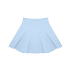 Anointed Garments light blue high-waisted pleated knit mini skirt with a wide waistband and stretchy fabric.