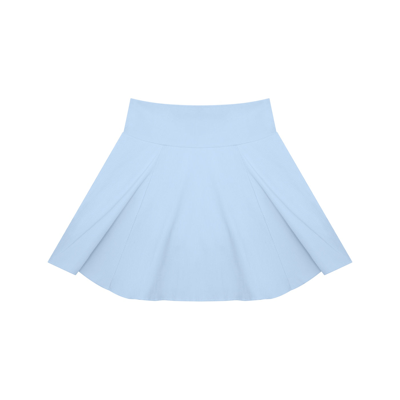 Anointed Garments light blue high-waisted pleated knit mini skirt with a wide waistband and stretchy fabric.