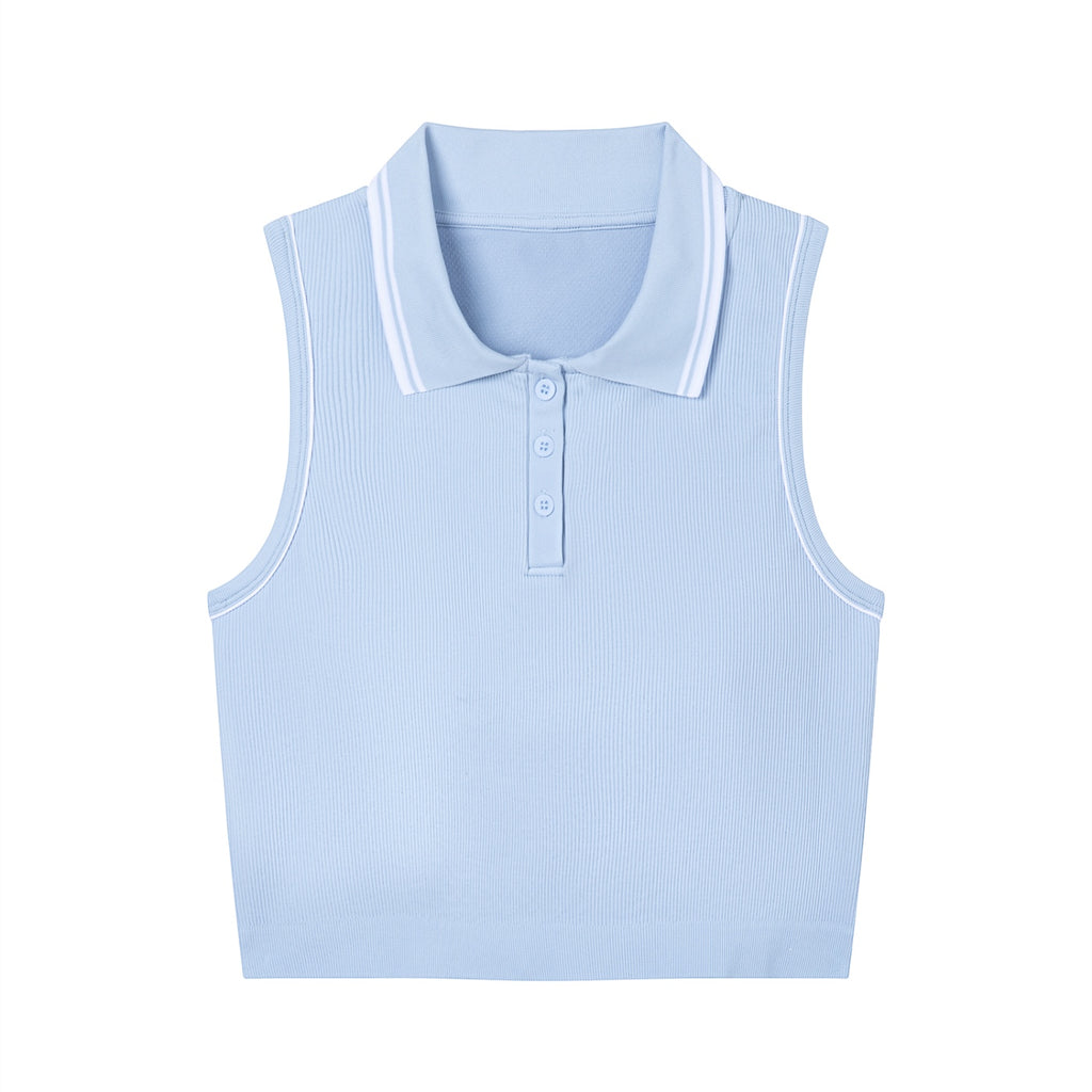Anointed Garments light blue sleeveless polo yoga crop top with white trim and button-up collar in ribbed nylon blend.